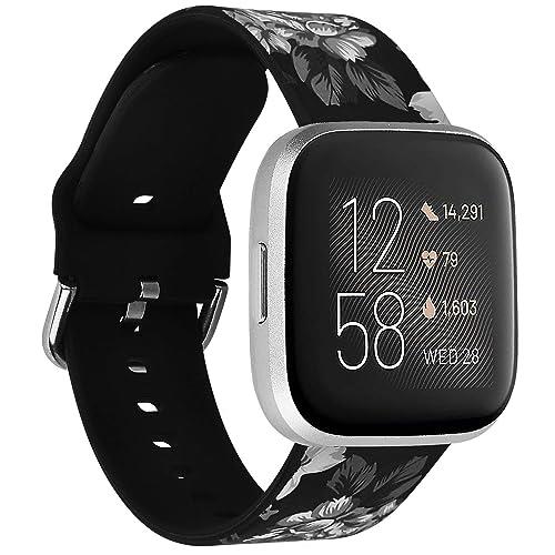 QINGQING Compatible with Fitbit Versa/Fitbit Versa 2/Fitbit Versa Lite Bands for Women and Men, Silicone Floral Strap Wristband Pattern Bands for Fitbit Versa Lite SE Watch (Black Peony)