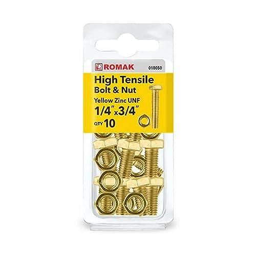 Romak 018050 Yellow Zinc HI Tensile Hex Bolt and Nut, 1/4 Inch x 3/4 Inch Size