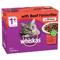 WHISKAS 1+ Years Wet Cat Food with Beef Favourites in Gravy 12 x 85g, 5 Pack (60 Pouches)