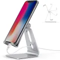 Emoly Adjustable Cell Phone Stand, 2020 Aluminum Desktop Cellphone Stand with Anti-Slip Base and Convenient Charging Port, Fits All Smart Phones (Silver)