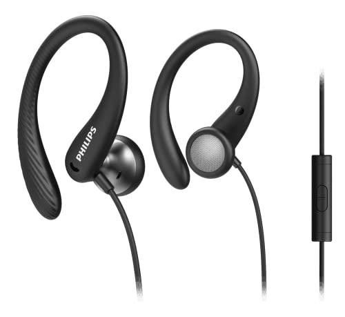 Philips A1105 in-Ear Sports Wired Headphones with Contoured Ear Hooks for Secure fit, Deep bass, in-line Remote Control and Microphone, IPX2 Sweat-Resistant, 3.5 mm Connector TAA1105BK