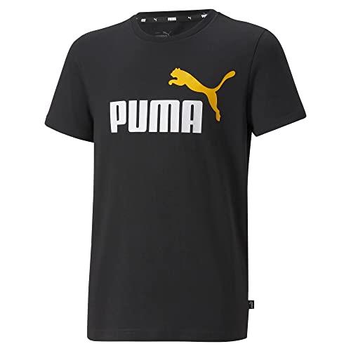 PUMA Boy's Essential + 2 Col Logo Tee, Black- Tangerine , S