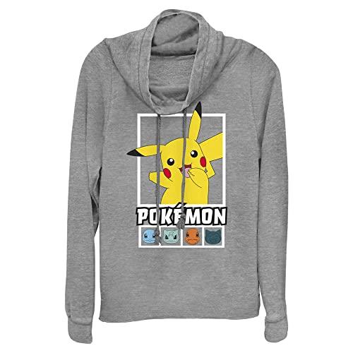 Pokemon Squares Team Women's Cowl Neck Long Sleeve Knit Top, Gray Heather, X-Small