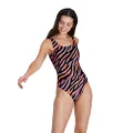Speedo Women's Allover Print Deep U-Back Swimsuit, Black/Red/Lilac, Size 36