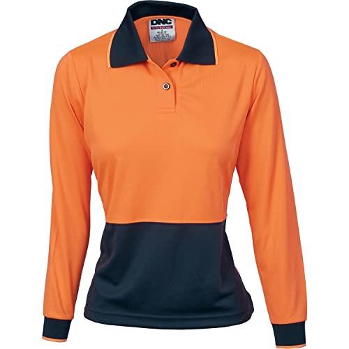 DNC Hivis Ladies Two Tone Long Sleeve Polo Shirt, Size 10, Orange/Navy