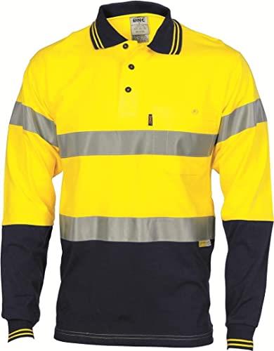 DNC Hi-Vis Cotton Cool Breeze Long Sleeve Polo Jersey with CSR Reflective Tape, Medium, Yellow/Navy