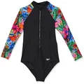 Speedo Girls' Long Sleeve Paddle Swimsuit, Black/Pink/Green, Size 15-16