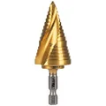 Klein Tools 25961 Step Drill Bit, 7/8 to 1-1/8-Inch, Spiral Double-Fluted, Cut Thin Metal, Plastic, Aluminum, Wood, 1/4-Inch Hex Shank, VACO