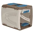 Suncast Portable Dog Crate with Handle for Small and Medium Dogs - Bowl Included - Stylish and Durable Portable Pet Carrier - Dogs up to 30 lbs. - Taupe and Blue