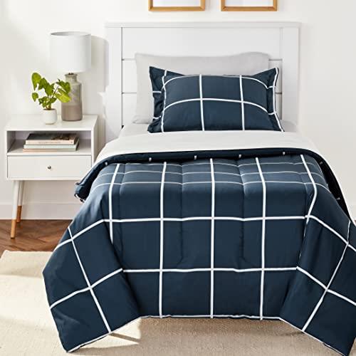Amazon Basics 5-Piece Lightweight Microfiber Bed-In-A-Bag Comforter Bedding Set - Twin/Twin XL, Navy with Simple Plaid