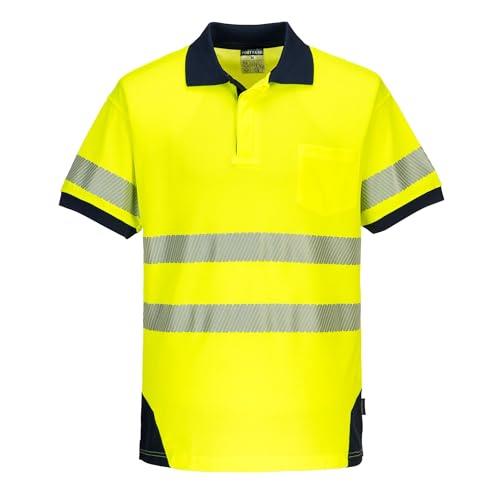 Portwest T182 Mens PW3 High Vis Reflective Lightweight Polo Safety Work Shirt Short Sleeve Yellow/Navy, X-Large