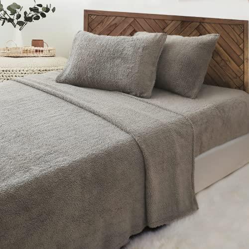 Luxor Teddy Bear Fleece Soft Thermal Warm Fitted Flat Sheet Set, Grey, King