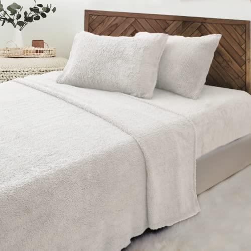 Luxor Teddy Bear Fleece Soft Thermal Warm Fitted Flat Sheet Set, White, Double