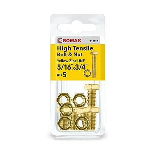 Romak 018070 Yellow Zinc HI Tensile Hex Bolt and Nut, 5/16 Inch x 3/4 Inch Size
