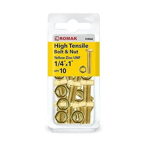 Romak 018060 Yellow Zinc HI Tensile Hex Bolt and Nut, 1/4 Inch x 1 Inch Size