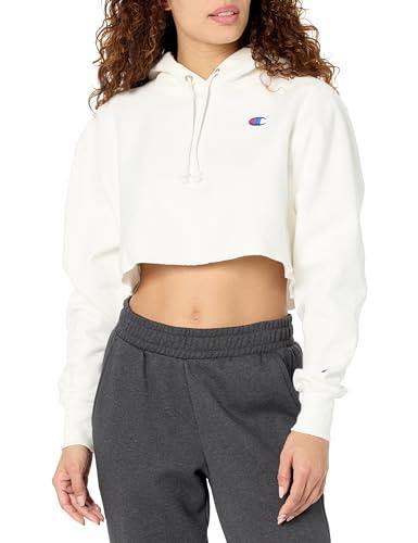 Champion Women's Reverse Weave Cropped Cut-off Hoodie, Left Chest C Hooded Sweatshirt, White-549302, Small