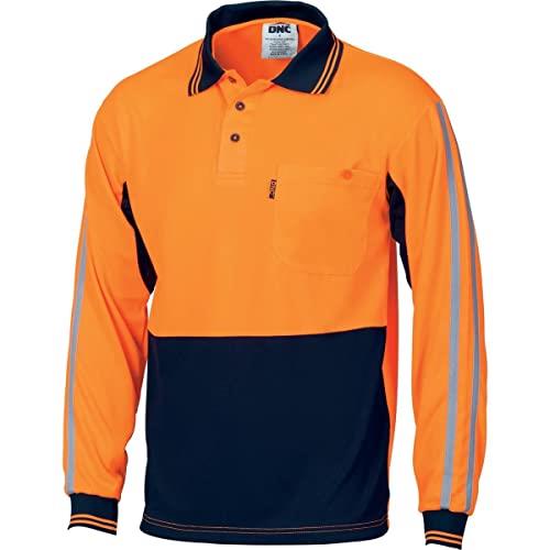 DNC Workwear Men's Hi-Vis Cool Breathe Stripe Long Sleeve Polo Shirt, Orange/Navy, 4X-Large
