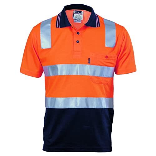 DNC Workwear Men's Cotton Back Hivis Two Tone Short Sleeve Polo Shirt with CSR Reflective Tape, Orange/Navy, Small
