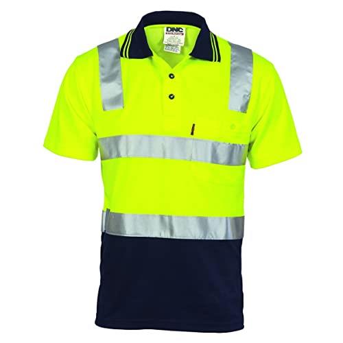DNC Workwear Men's Cotton Back Hivis Two Tone Short Sleeve Polo Shirt with CSR Reflective Tape, Yellow/Navy, Large