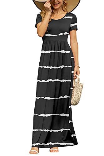 DB MOON Women's Short Sleeve Maxi Dresses Casual Empire Waist Long Dress with Pockets, Stripe Black, X-Large