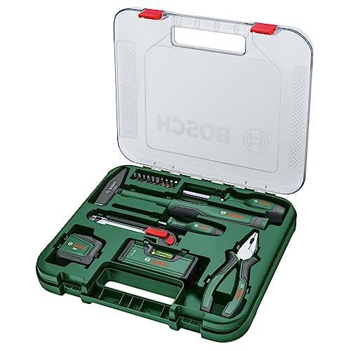 Bosch Universal 17 Piece Hand Tool Set (Inc Plier, Screwdriver, Hammer, Tape Measure, Spirit Level, Knife, Awl, 10 x Bits, Case)