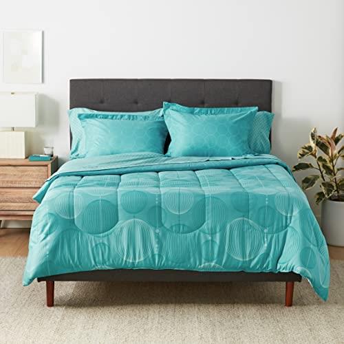 Amazon Basics Lightweight Microfiber Bed-in-a-Bag Comforter 7-Piece Bedding Set, Full/Queen, Industrial Teal, Geometric