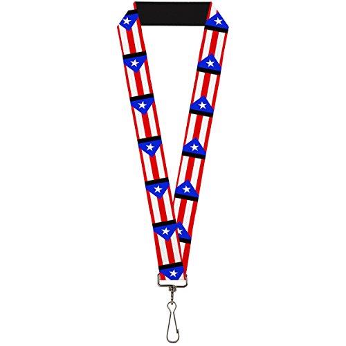 Buckle-Down Lanyard, Puerto Rico Flag Repeat Black/Multicolour, 22 Inch Length x 1 Inch Width