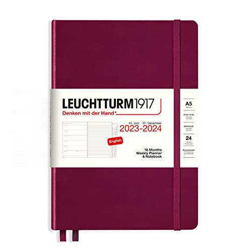 LEUCHTTURM1917 367686 Weekly Planner & Notebook Medium (A5) 2024, 18 Months, Port Red, English