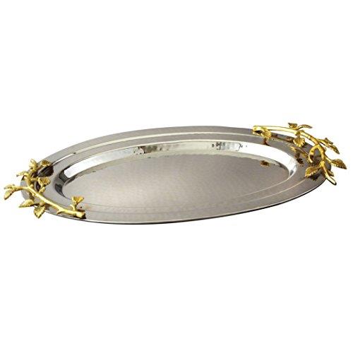 Elegance Golden Vine Hammered Stainless Steel Oval Tray, 16.5 by 10-Inch, Silver/Gold