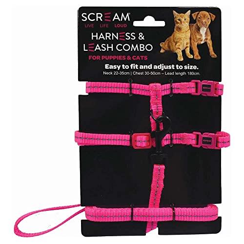 Scream Reflective Adj. Nylon Cat/Puppy 1cm Harness W/Leash Loud Pink