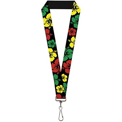 Buckle-Down Lanyard, Hibiscus Close-Up Black/Green/Yellow/Red, 22 Inch Length x 1 Inch Width