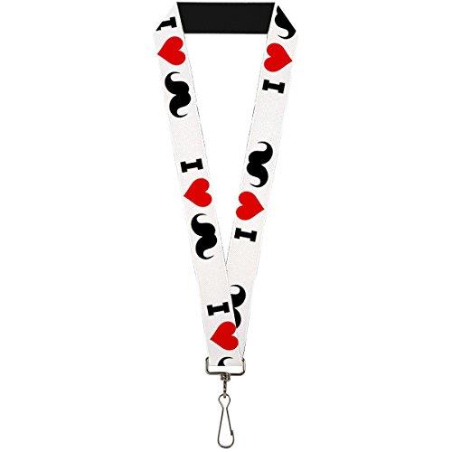 Buckle-Down Lanyard, I Heart Mustache White/Black/Red, 22 Inch Length x 1 Inch Width