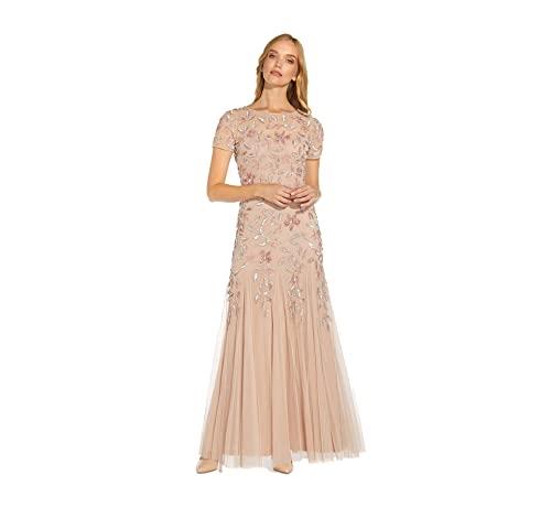 Adrianna Papell Women's Floral Beaded Godet Gown, Blush, 10
