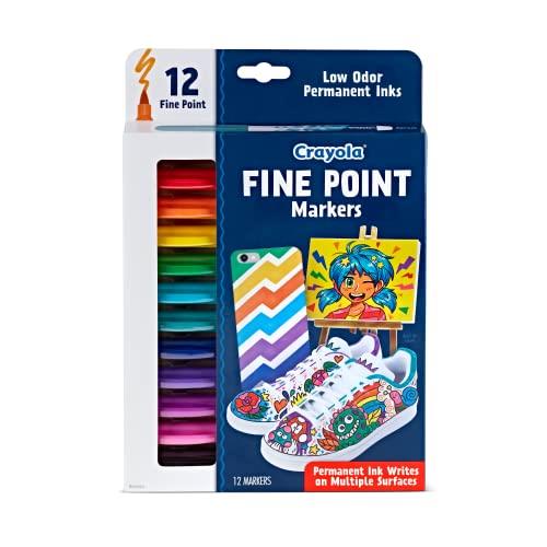 Crayola Design & Draw, 12ct Fine Point Markers, Permanent Markers with intense colour, No Bleed-Through, Comfort Grip, Works on Multiple Surfaces!