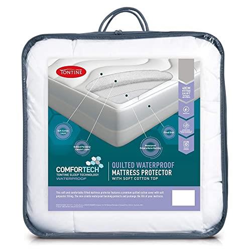 Tontine Comfortech Quilted Waterproof Mattress Protector, King, Soft Cotton Cover, 50cm Fitted Skirt, Anti Bacterial, Machine Washable