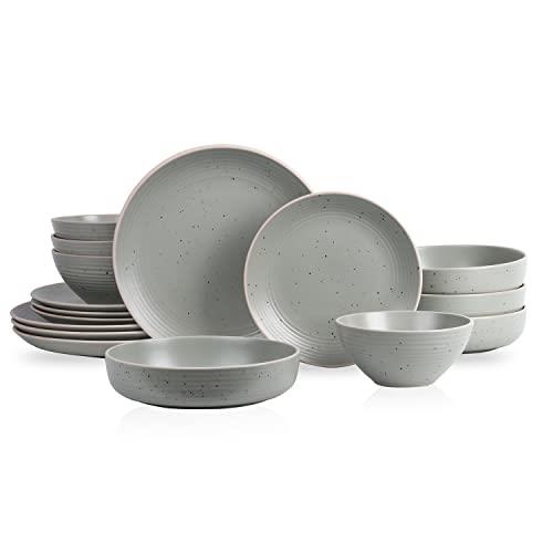Stone Lain Lauren Modern Stoneware 16-Piece Round Dinnerware Set, Plates and Bowls Set, Dish Set for 4, Green