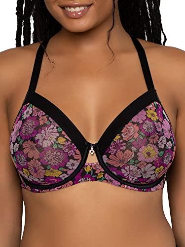 Curvy Couture Women's Sheer Mesh Full Coverage Unlined Underwire, Sexy Supportive Plus Size, See-Through Bras, Retro Roses, 42DD