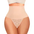 Tummy Control Thong Shapewear for Women High Waist Body Shaper Panties Girdle Lace Shaping Underwear, Lace Beige, X-Large