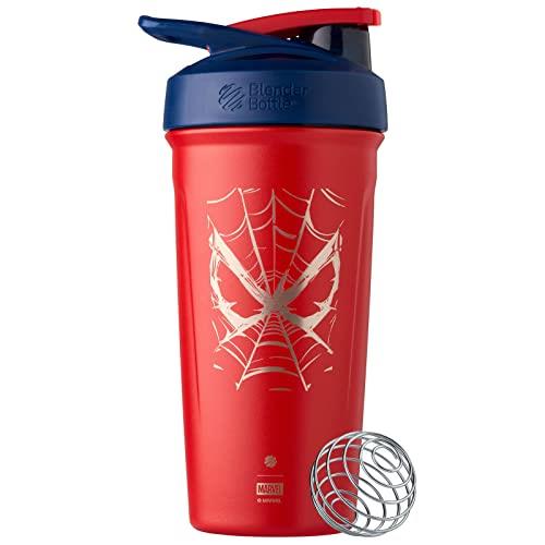 BlenderBottle Marvel Strada Cup Insulated Stainless Steel Shaker Bottle with Wire Whisk, 24-Ounce, Spiderman Web