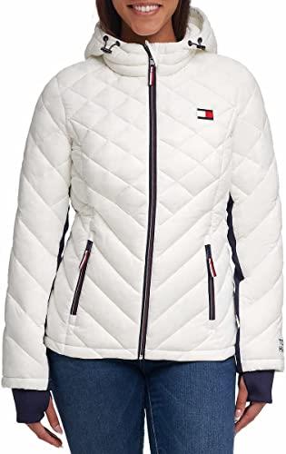 Tommy Hilfiger Women's Hooded Zip Front Short Packable Jacket, White, X-Large