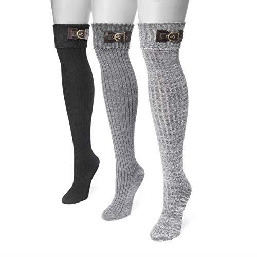 Muk Luks Women's 3 Pair Buckle Cuff Over The Knee Socks, Black, One Size