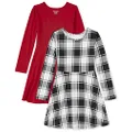 The Children's Place Girls' 2 Pack Long Sleeve Fashion Skater Dress, Magenta/Black Plaid 2 Pack, Small