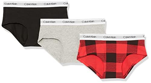Calvin Klein Girls' Modern Cotton Hipster Underwear, Heather Grey/Red Buffalo/Black, X-Large