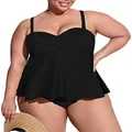 Sovoyontee Women Plus Size Tankini Swimsuit Two Piece Flowy Ruffle Bathing Suits Tummy Control Swimwear, Black, X-Large Plus