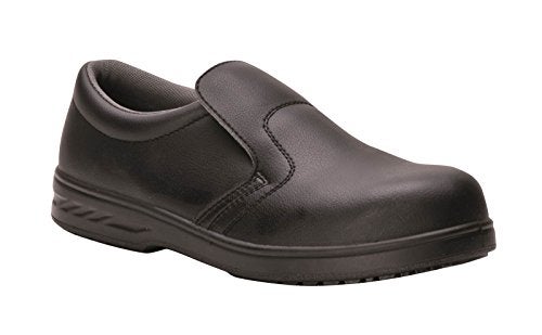Portwest FW81 Steel Microfibre Slip on Shoe Padded Collar Wipe Clean Upper | Black, 9, S2 AS/NZS 2210.3, Split Leather, Self-Cleaning Outsole, Antistatic Footwear, Durable, Pull-On Design