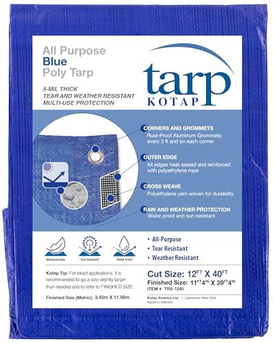 Kotap 12 x 40 Ft. All-Purpose Multi-Use Protection/Coverage 5-mil Poly Tarp, Waterproof, Blue, 1-Pack (TRA-1240)