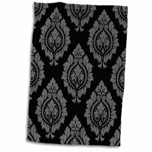 3dRose Towel, Decorative Damask Pattern in Gray on Black