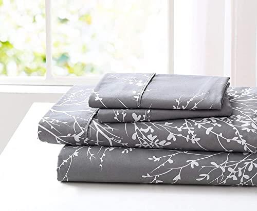 Spirit Linen Bed Sheets Queen Size - Pure Microfiber 4 Piece Polyester Bed Sheets - Soft Sheets Queen for All Seasons (Foliage Grey/White, Queen)