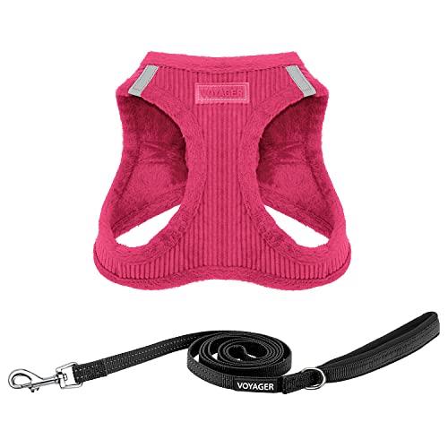 Voyager Step-in Plush Dog Harness – Soft Plush, Step in Vest Harness for Small and Medium Dogs by Best Pet Supplies - 1Fuchsia Corduroy (Leash Bundle), S (Chest: 14.5-16")