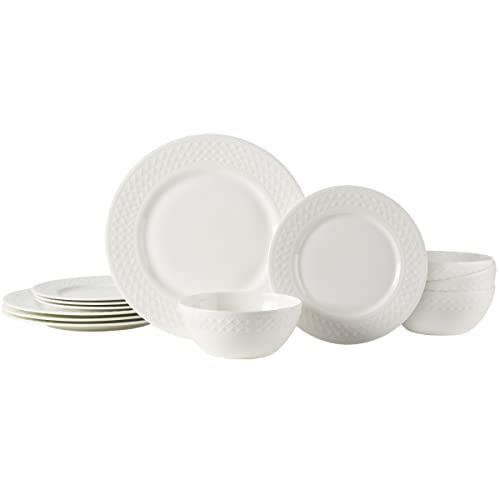 Mikasa Patterson Vegan Bone China Chip Resistant 12 Piece Dinnerware Set, White, Ashlyn, Service for 4